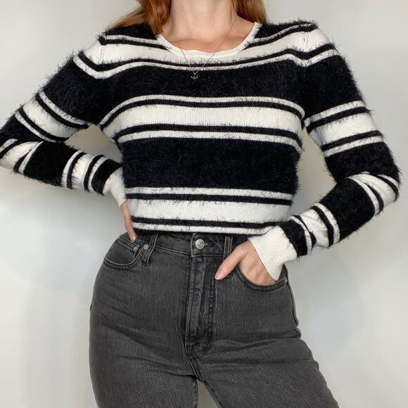 Loft Medium Black & White Fuzzy Eyelash Detailing Stripe Crewneck Sweater - Picture 2 of 10